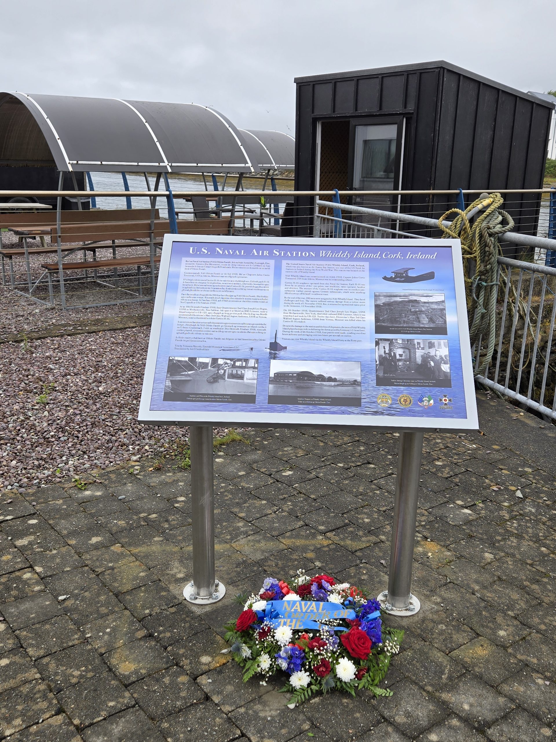 Plaque and information panel outside The Maritime Hotel looking towards Whiddy Island (Bantry Bay).